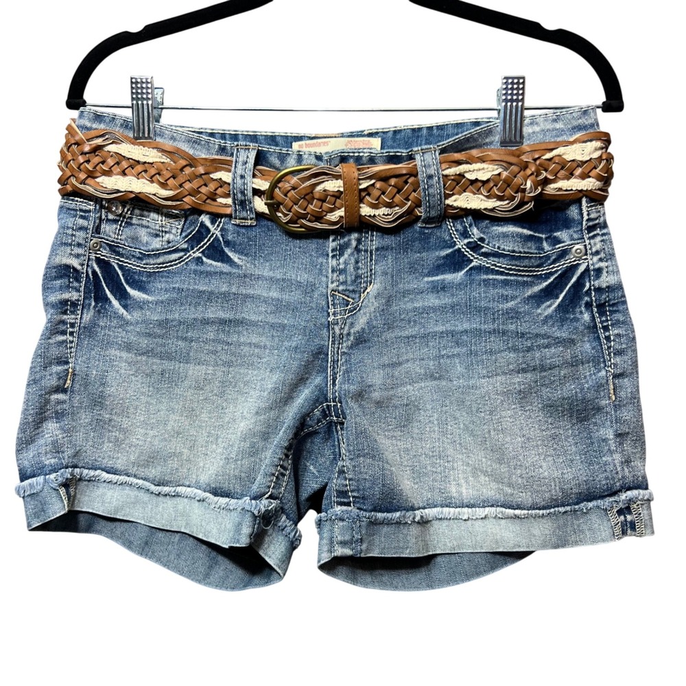 No Boundaries Denim Shorts Cuffed Hem Braided Belt Blue‎ Wash Size 9